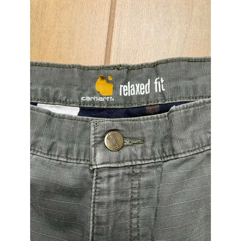 Vintage Carhartt Green Ripstop‎ Cargo Double Knee flannel-lined Actual Sz 38x30